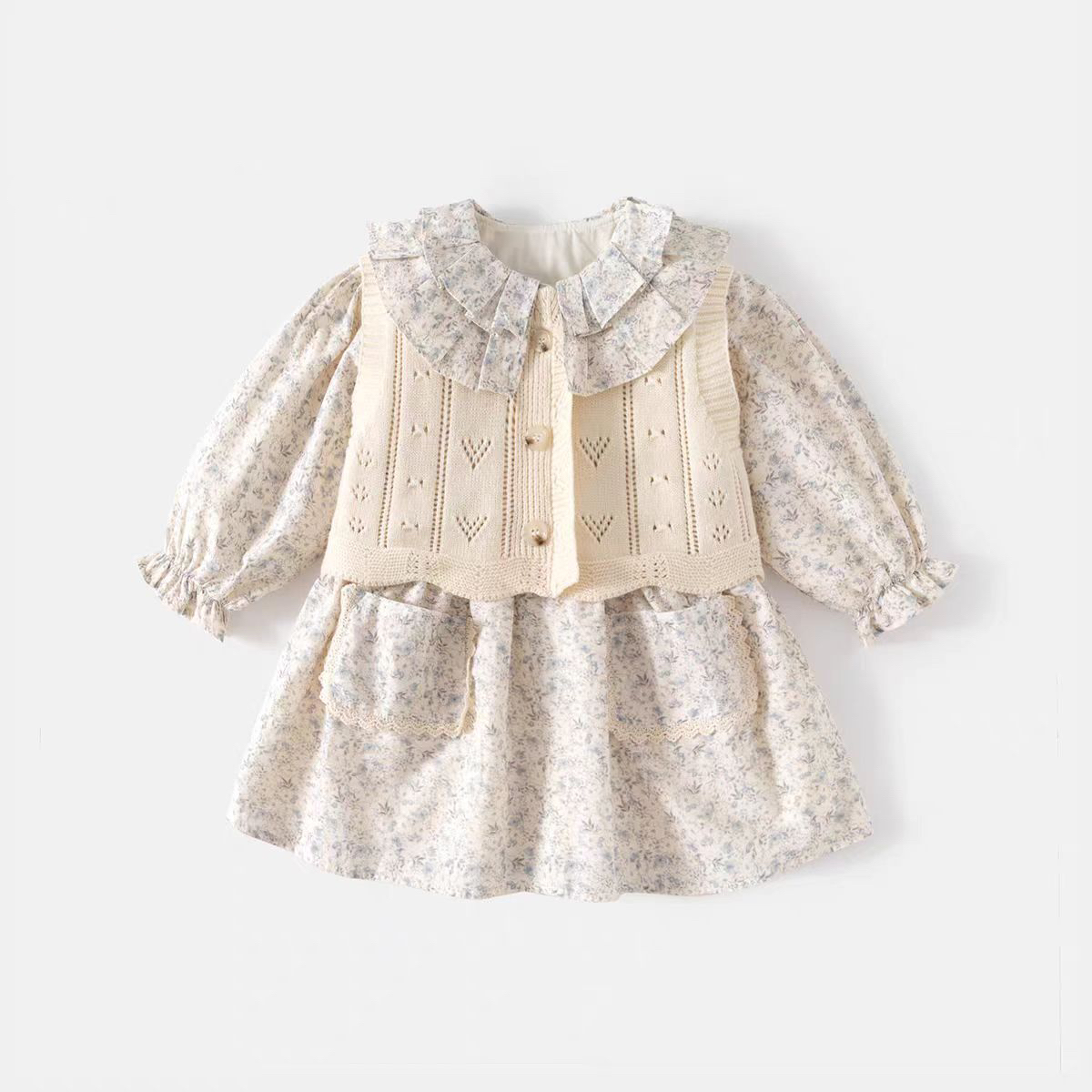 女童碎花连衣裙套装女宝宝春季裙子马甲两件套