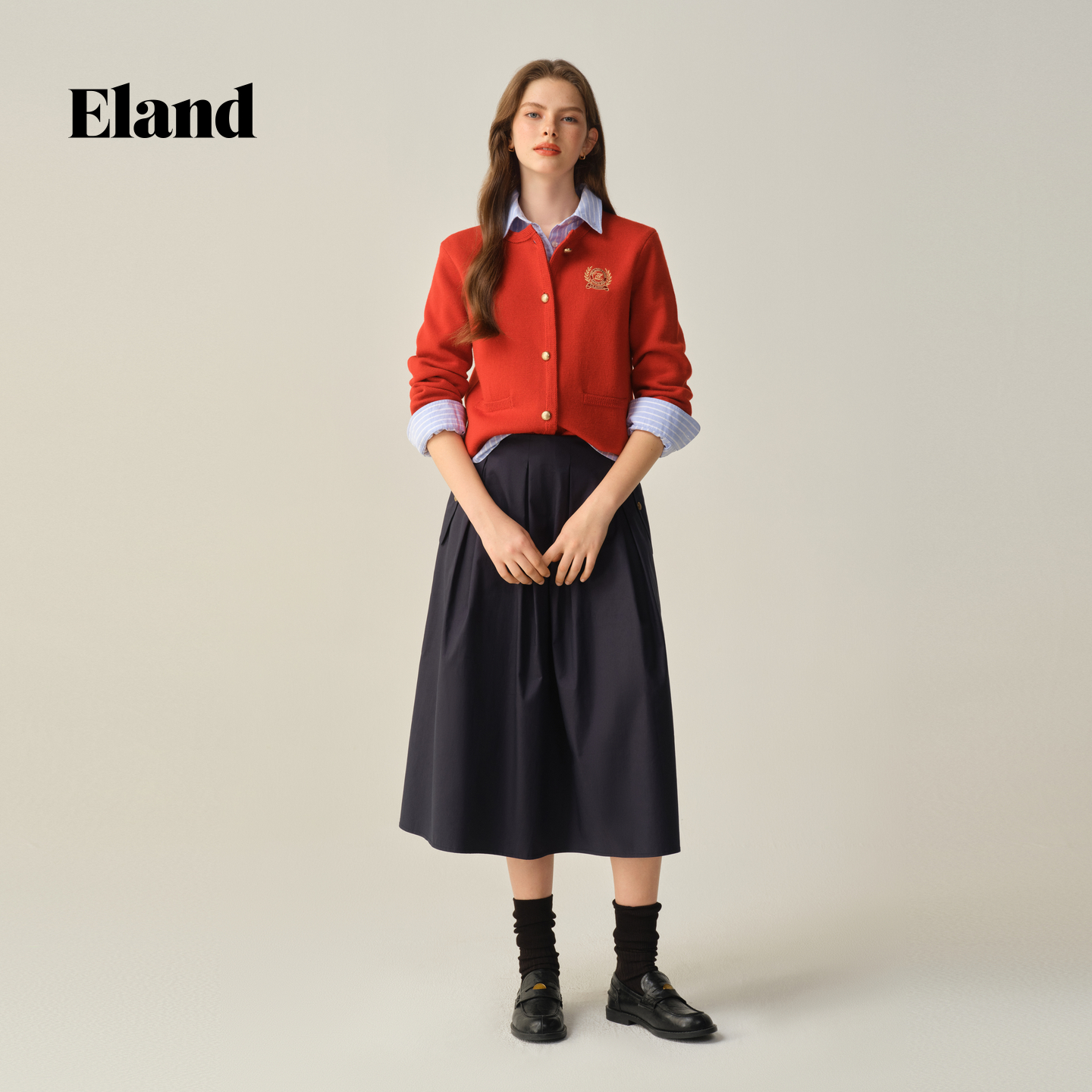 【女装优选WL】E·LAND衣恋针织衫女刺绣单排扣开衫EECKF49M12