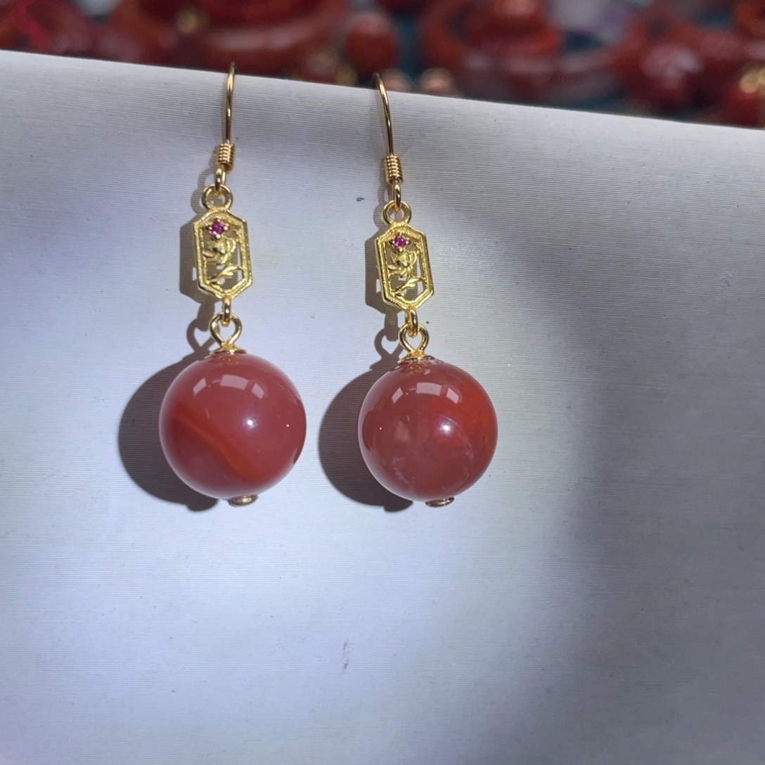 南红玛瑙川料南红圆珠耳环12mm银S925镀金镶嵌