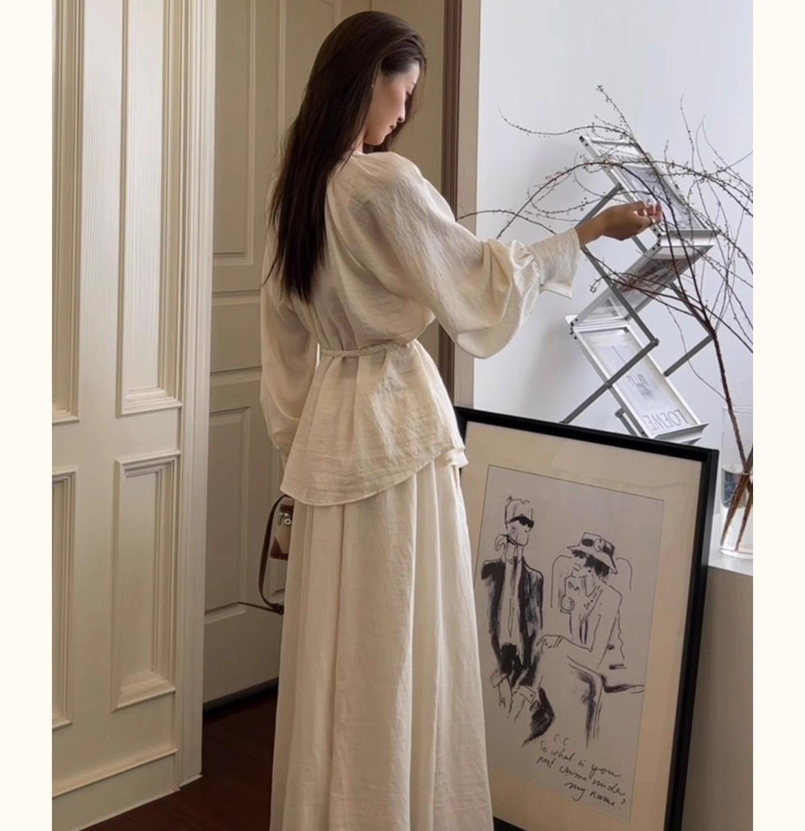 宽松系带长袖衬衫复古风半身裙套装气质穿搭