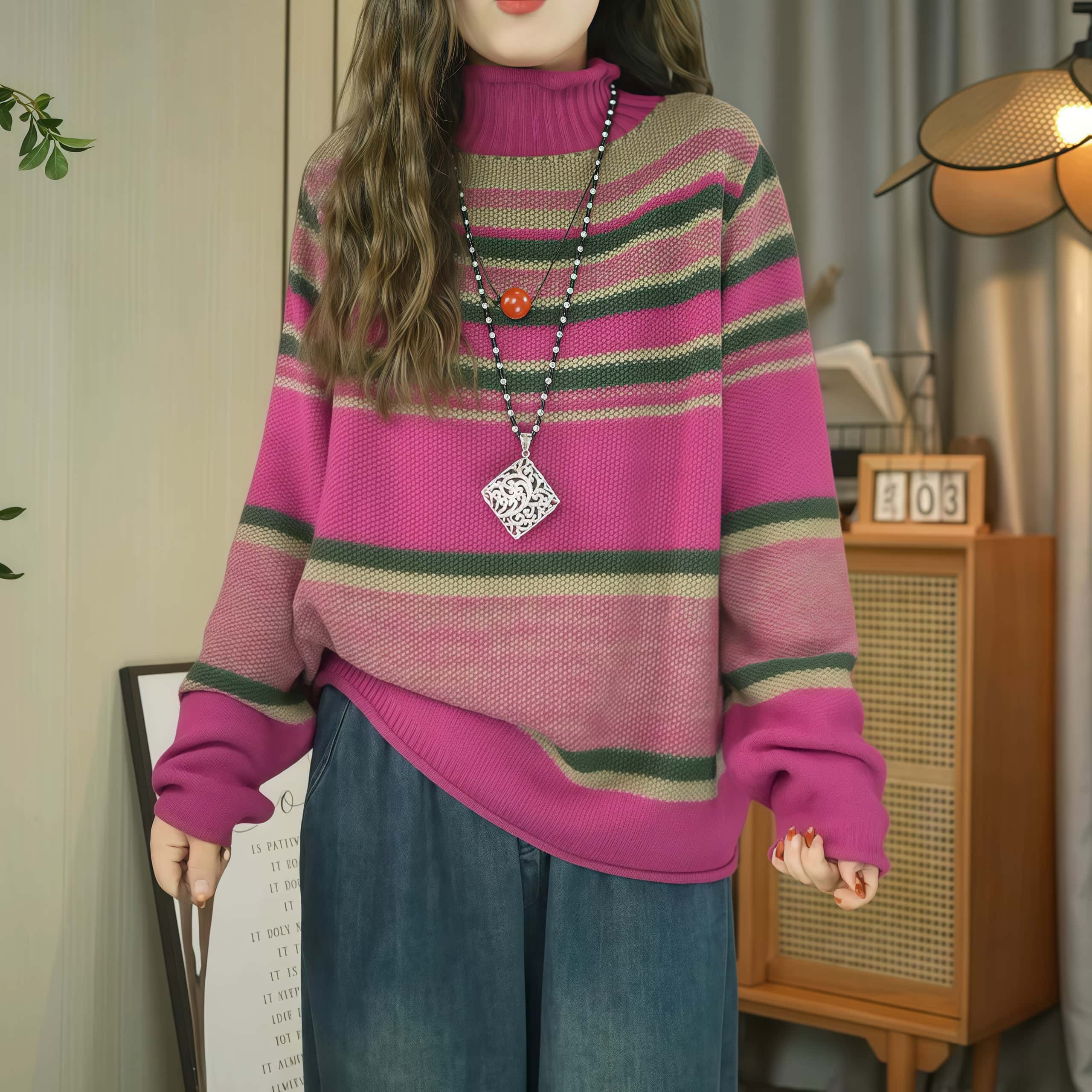 秋季半高领长袖条纹拼色针织衫女2025文艺休闲宽松毛套头针织衫