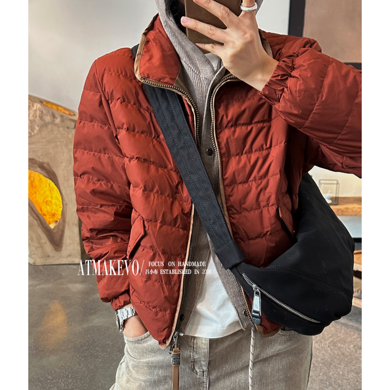 吕小布 | 铁锈红白鹅绒羽绒服 BC风镶珠链可脱卸羊毛帽外套女0895