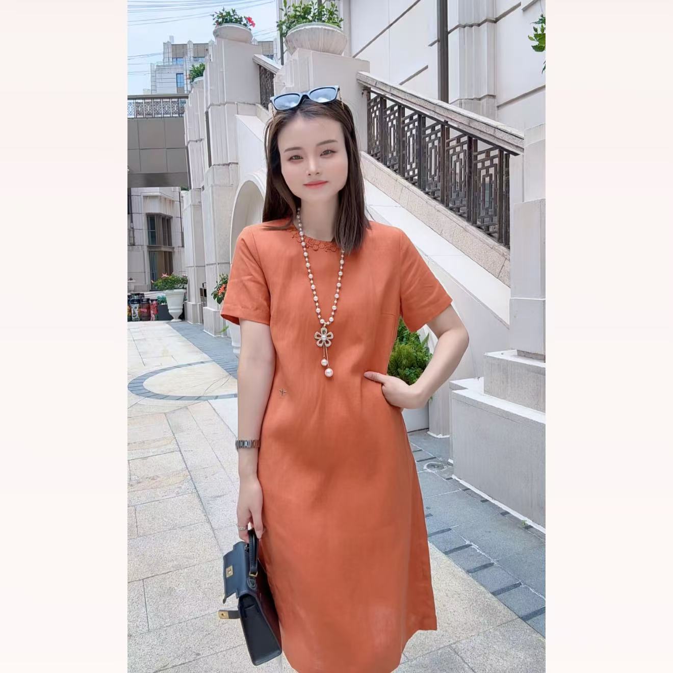 三伏天穿特别凉快！亚麻单层轻奢爱马桔A字版显瘦中长款连衣裙