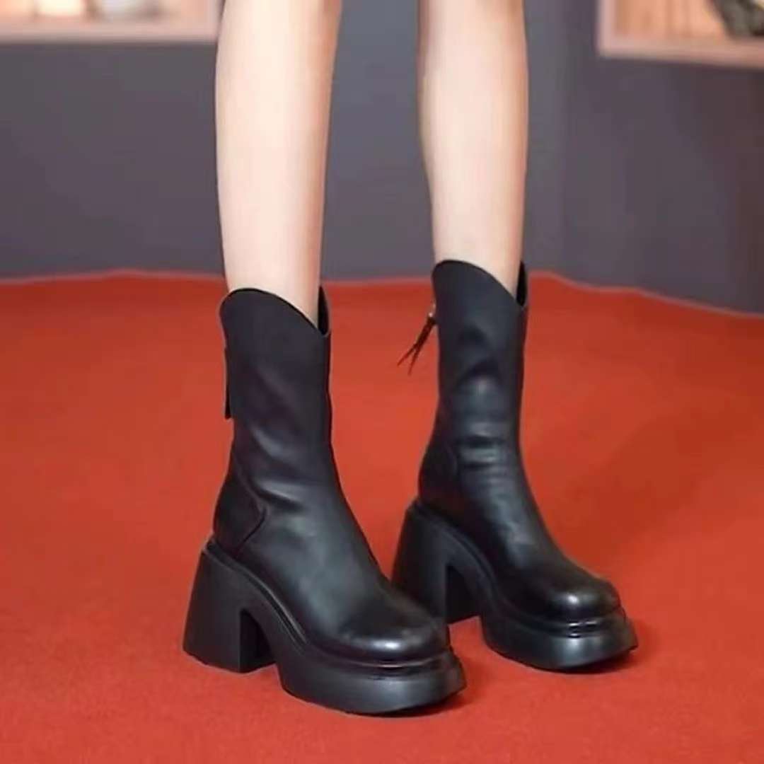 复古超软厚底后拉链小个子显瘦简约靴子2025秋冬新款中筒马丁靴女