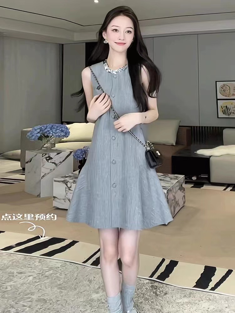 【嘎嘎.推荐】韩系小个子夏季高级千金感亮片气质无袖连衣裙两件套