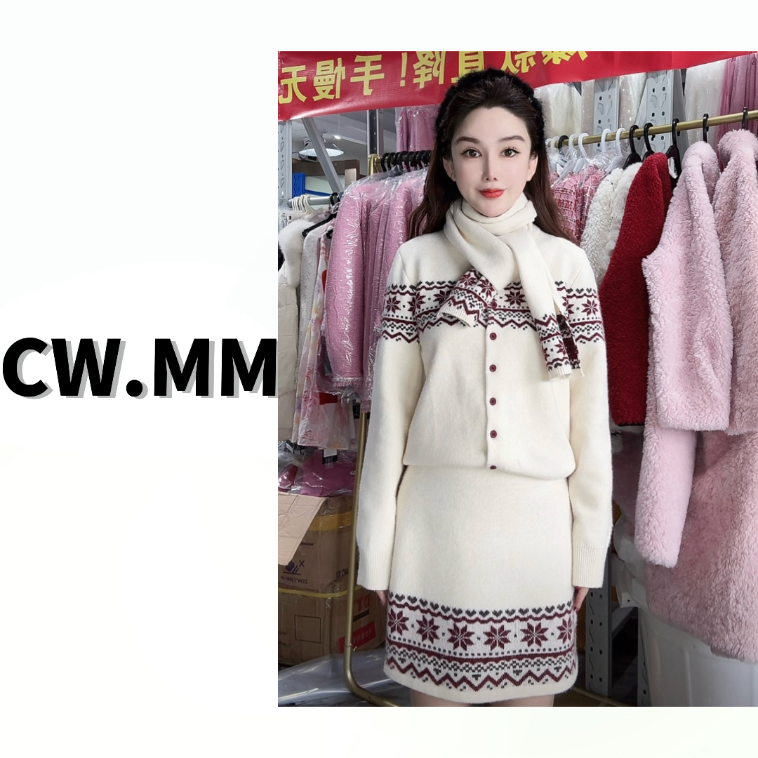 CW.MM 复古费尔岛风圆领围巾羊毛套装