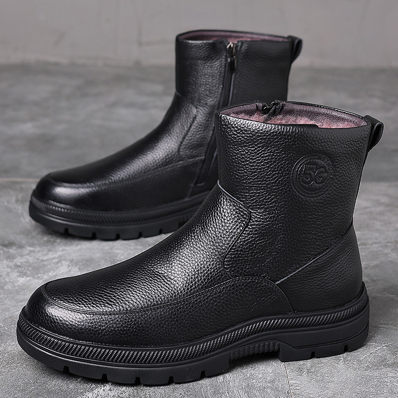 头层牛皮棉鞋男真皮冬季加绒厚底中老年爸爸保暖高帮靴子男雪地靴