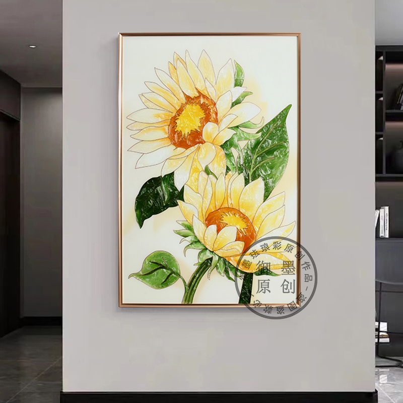 现代轻奢向日葵手绘珐琅彩装饰画餐厅客厅沙发背景画自然清新入户