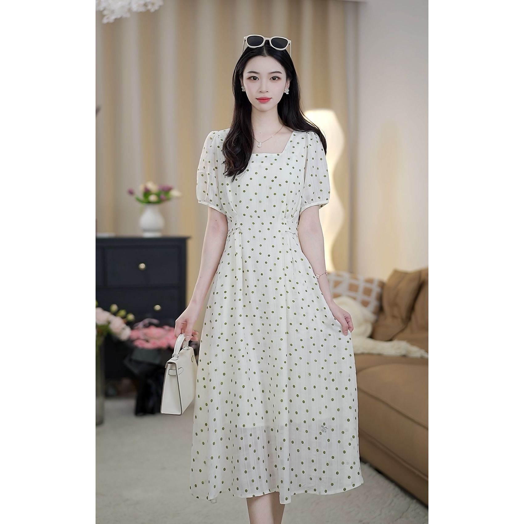 夏季新款波点方领高腰设计款