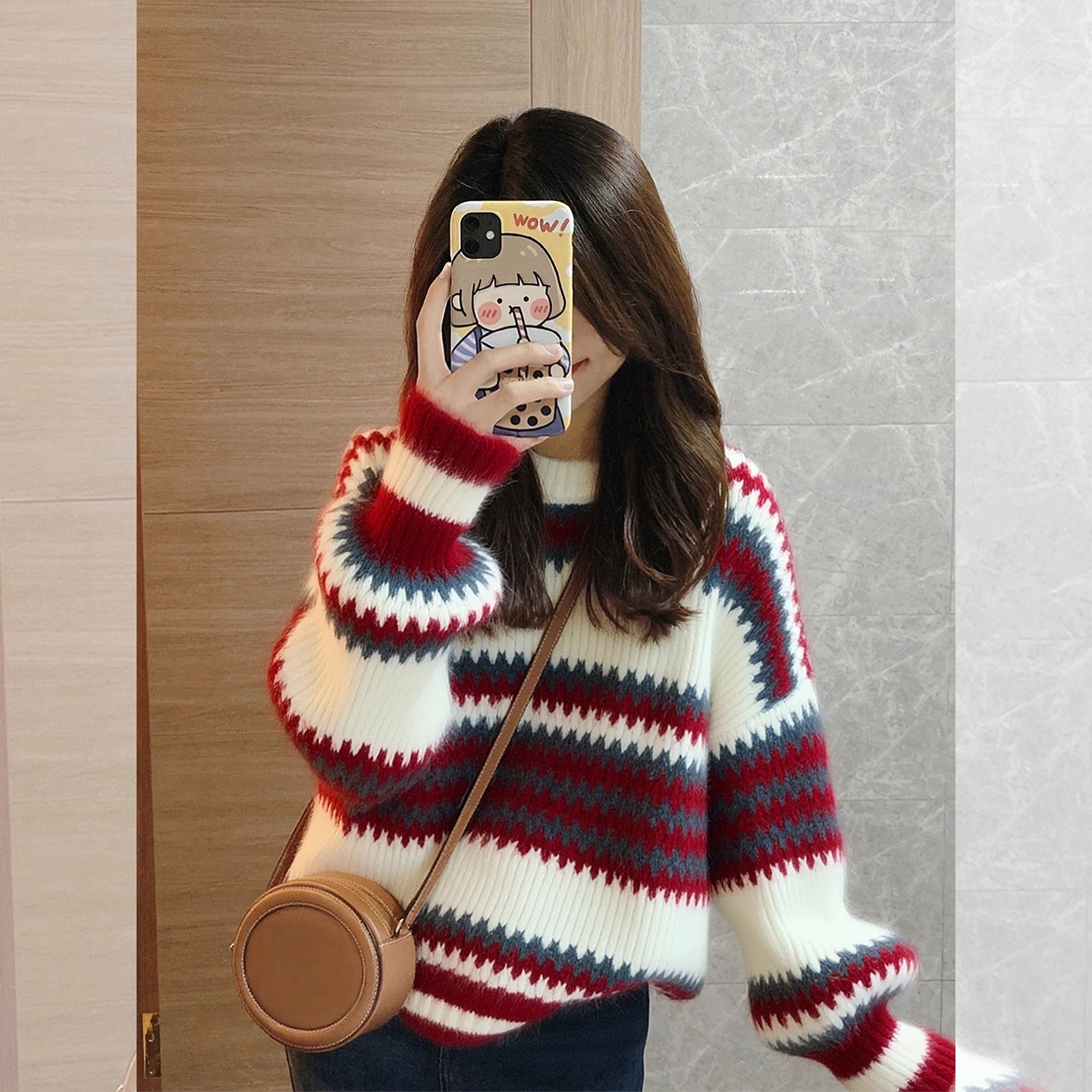 2025冬季新款圣诞红色费尔岛条纹加厚套头毛衣女慵懒高级感针织衫