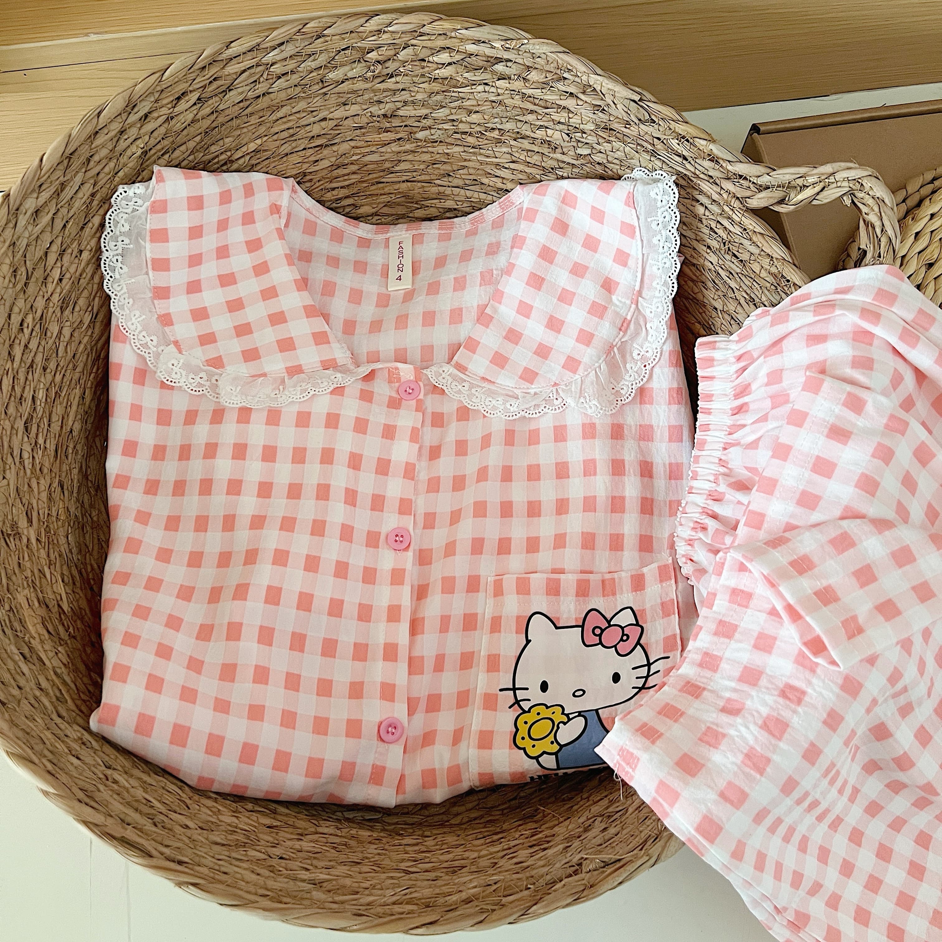 【粉格花边KT猫】睡衣女春秋季长袖长裤少女高级感家居服套装