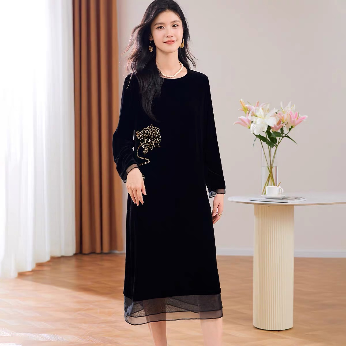 桑蚕丝丝绒宽松秋冬长袖连衣裙显瘦超百搭女士气质 825183