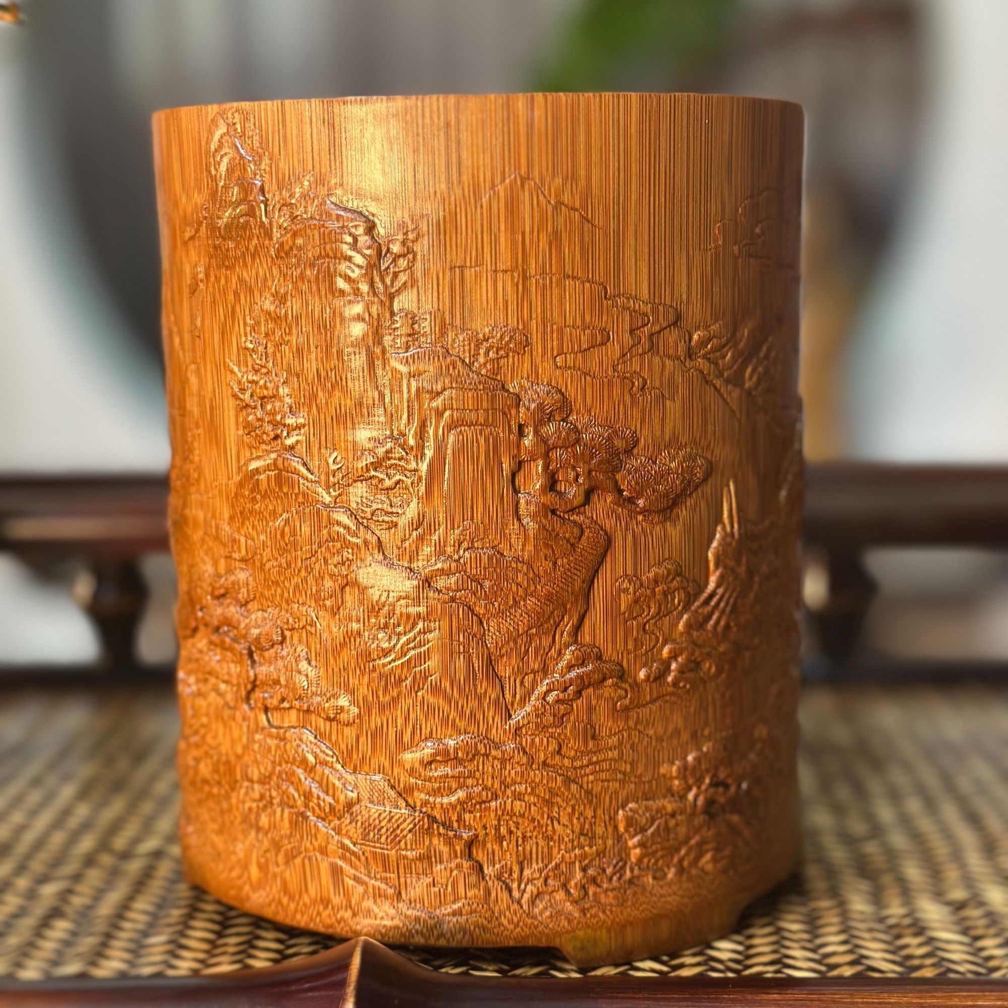 【江南山水-大号浅雕笔筒】大满雕浮雕 江南山水图  高货笔筒