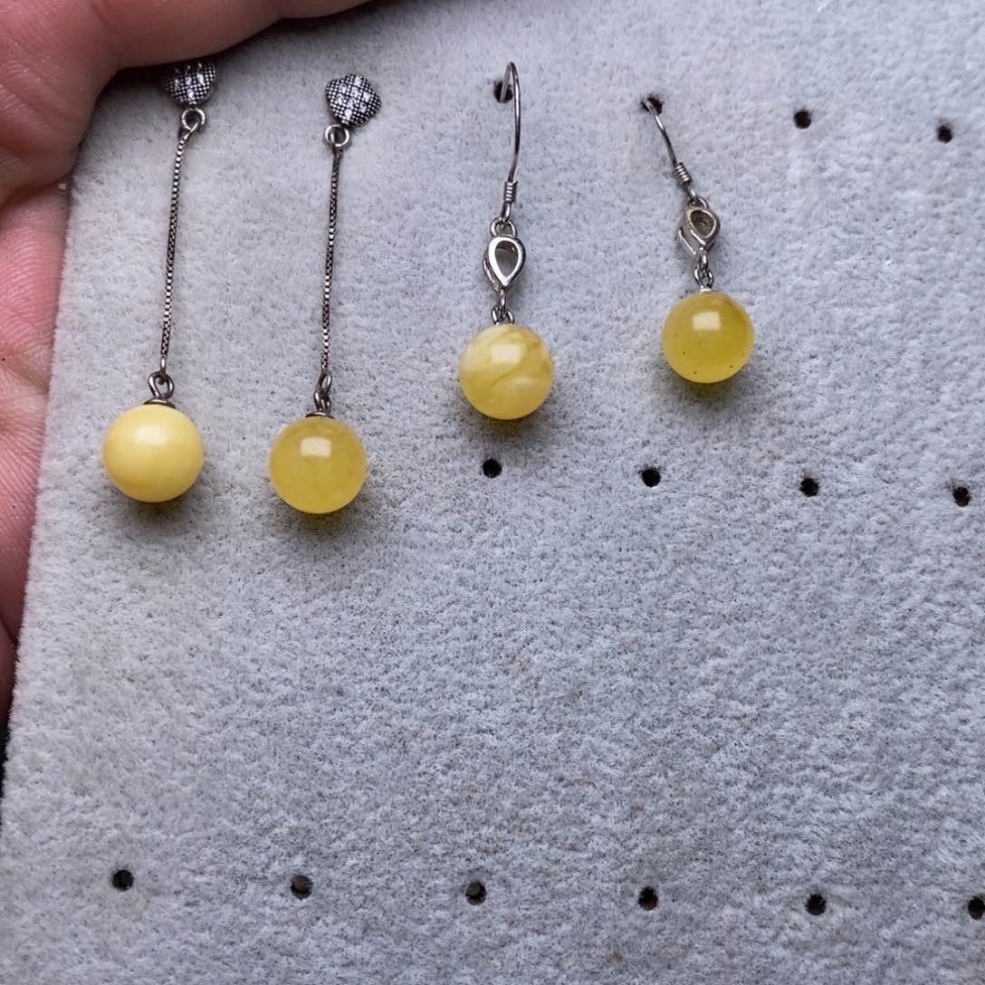 琥珀耳饰银S925镶嵌自选一对