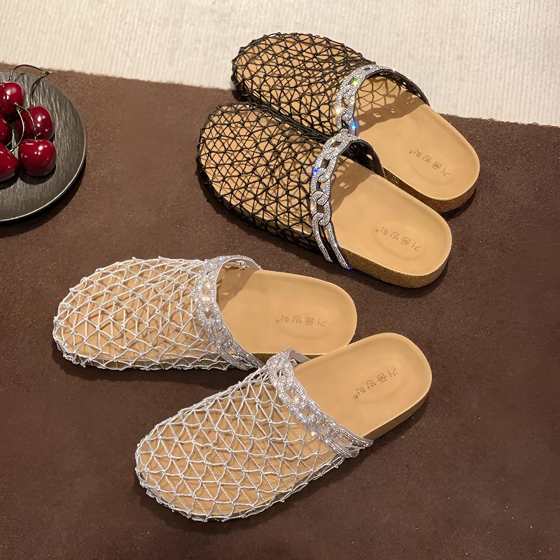 厚底网纱勃肯半拖鞋女夏2025新款透气镂空配裙子水钻包头凉拖外穿