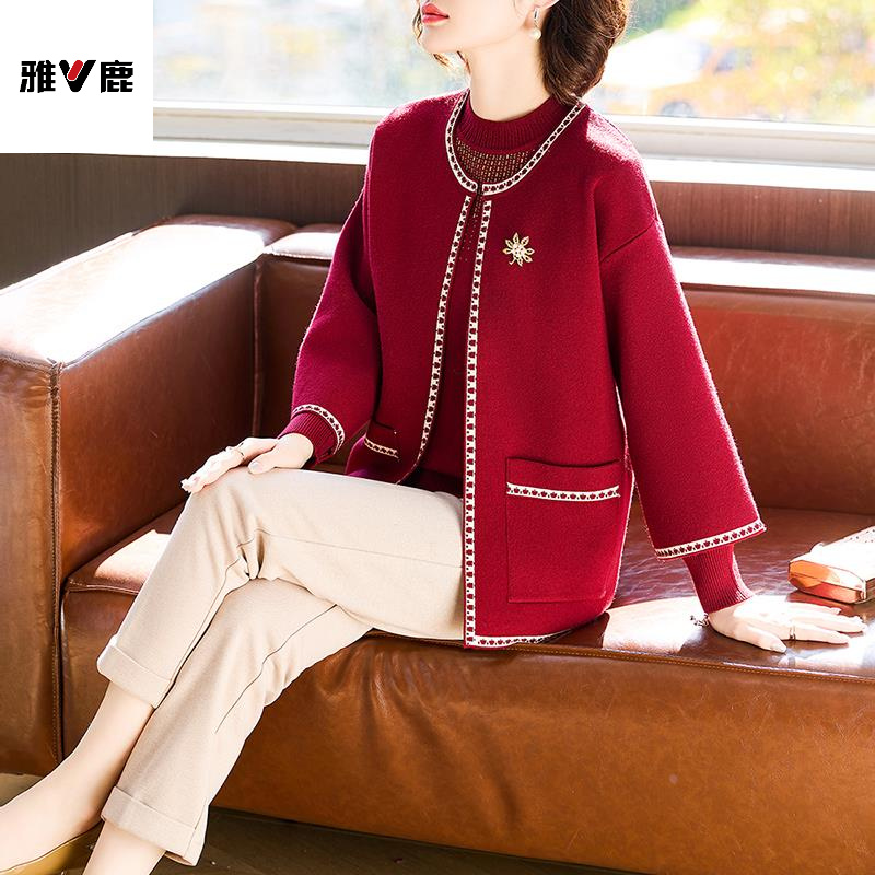 雅鹿优选妈妈春装红色针织外套短款开衫中老年女高贵喜婆婆婚宴礼