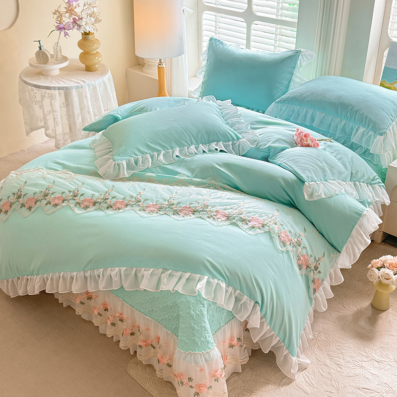 新款韩版公主风床盖四件套双层蕾丝花边四件套网红床品套件三件套
