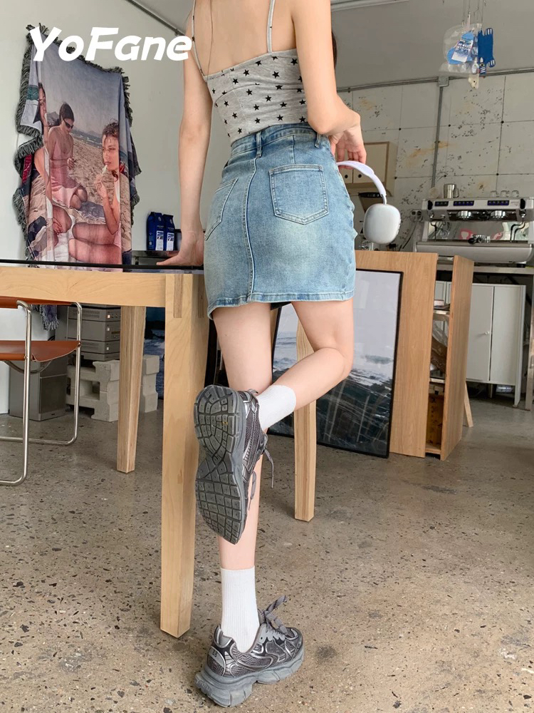 浅蓝色牛仔短裙女夏季2025新款高腰a字弹力显瘦包臀防走光半身裙