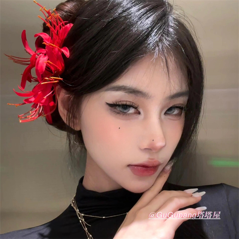 古风新中式红色彼岸花发夹超仙高级感仿真花朵侧边夹旗袍头花发饰
