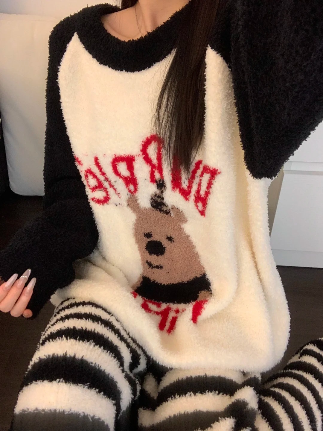 ins网红风可爱小熊半边绒睡衣女冬季加绒加厚保暖圆领家居服套装