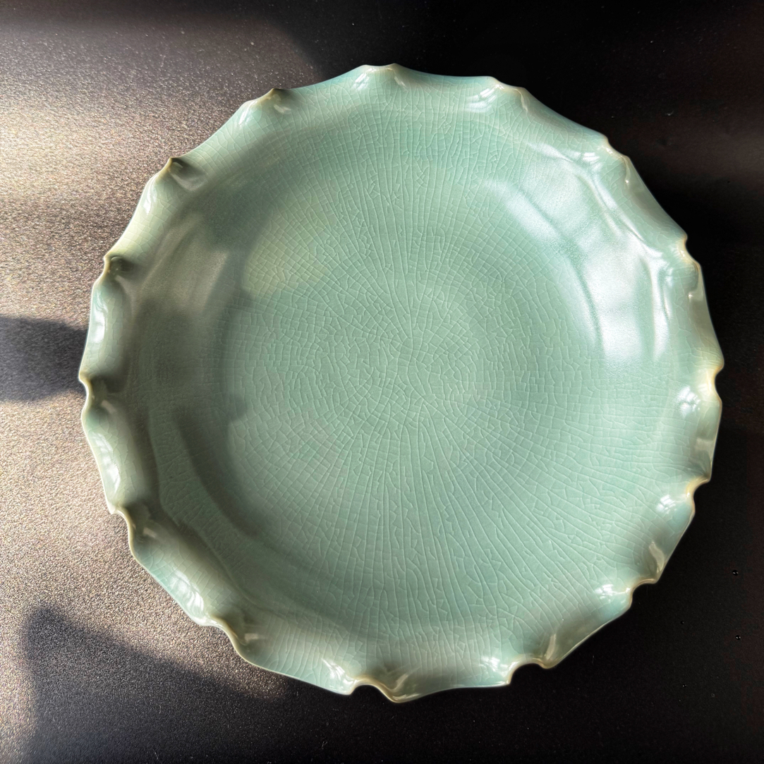 廿一汝瓷【卷荷高足盘】约27.5cm 仿古釉 柳条纹蝉翼纹 一级品 手作