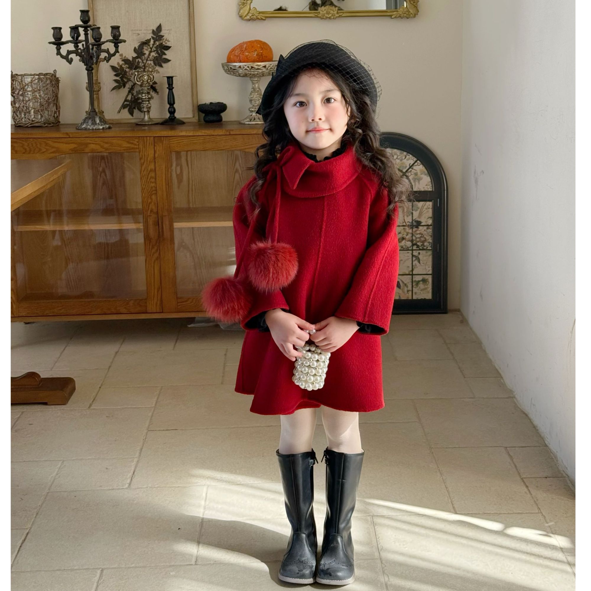 壹妈童装女童大衣高端时髦冬季洋气红色儿童毛球大衣外套高级感