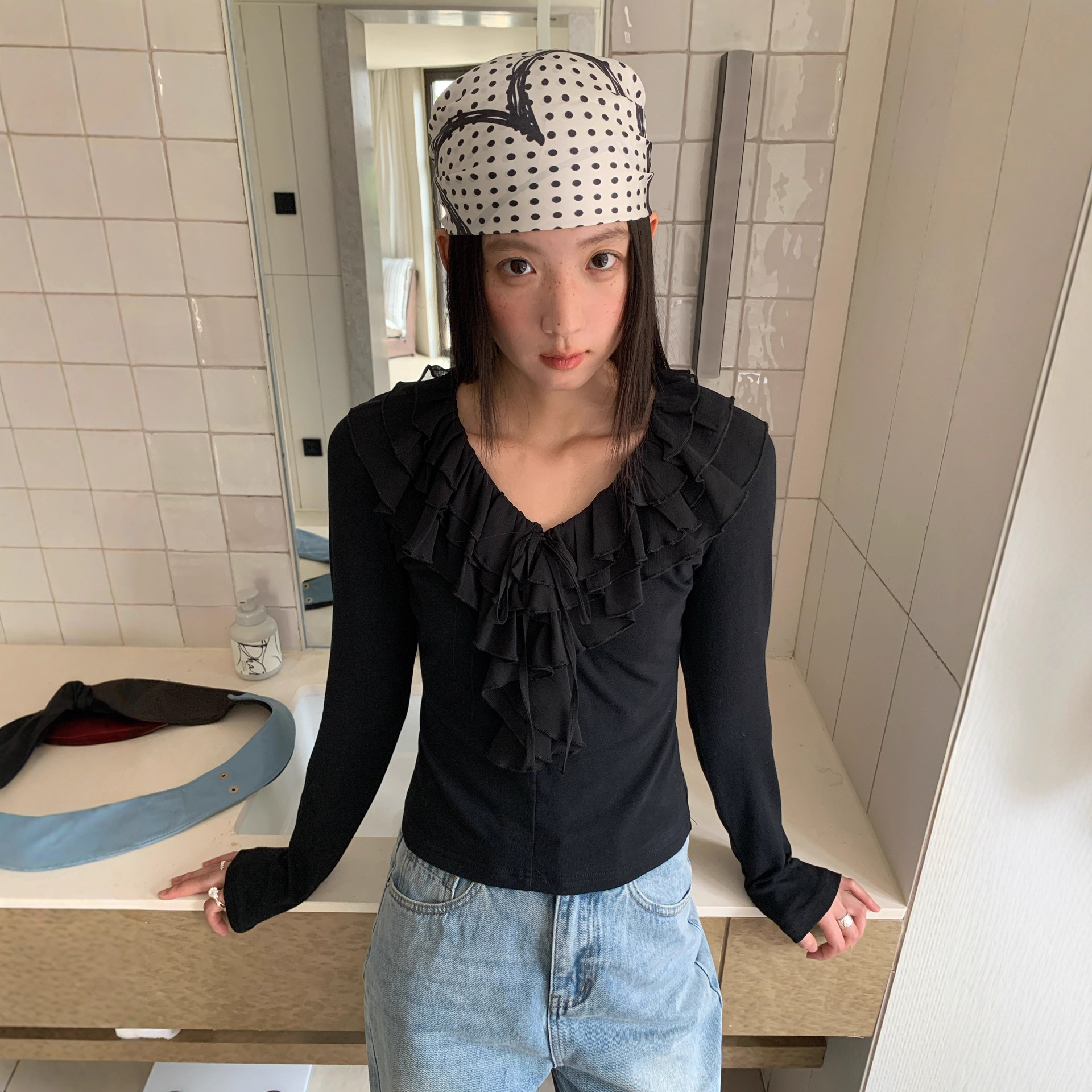 早秋25秋法式甜美风减龄荷叶边修身长袖打底衫女F6222