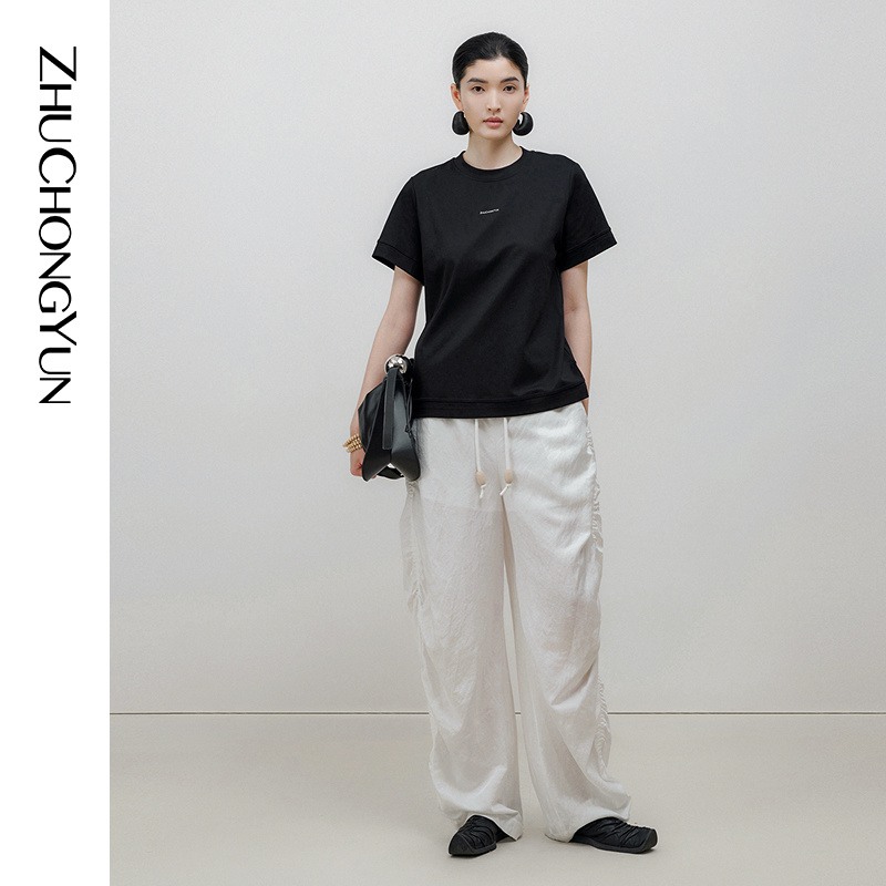 ZHUCHONGYUN2026春新款黑色简约时尚圆领短袖T恤上衣R1GB10097