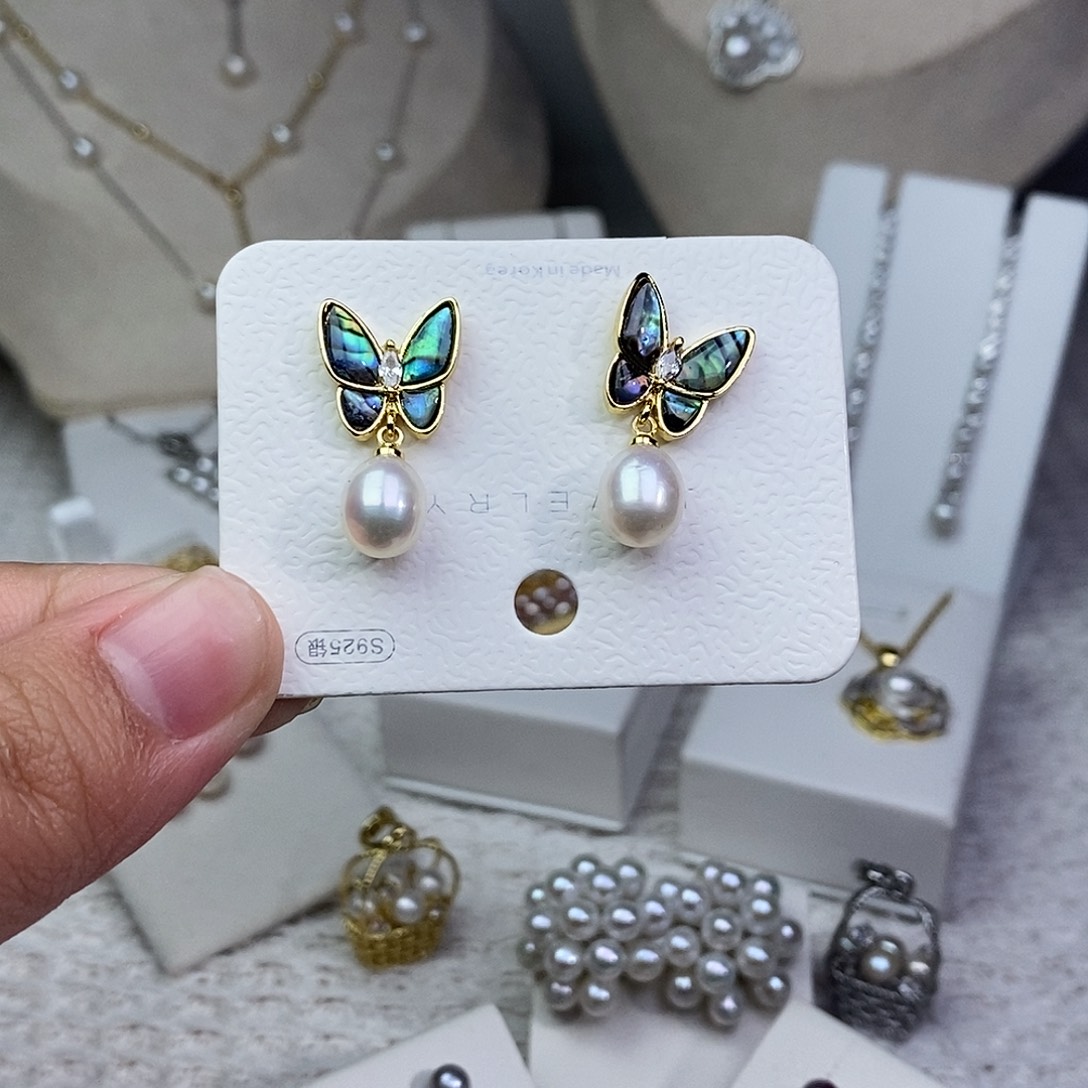 耳饰银S925镶嵌淡水珍珠