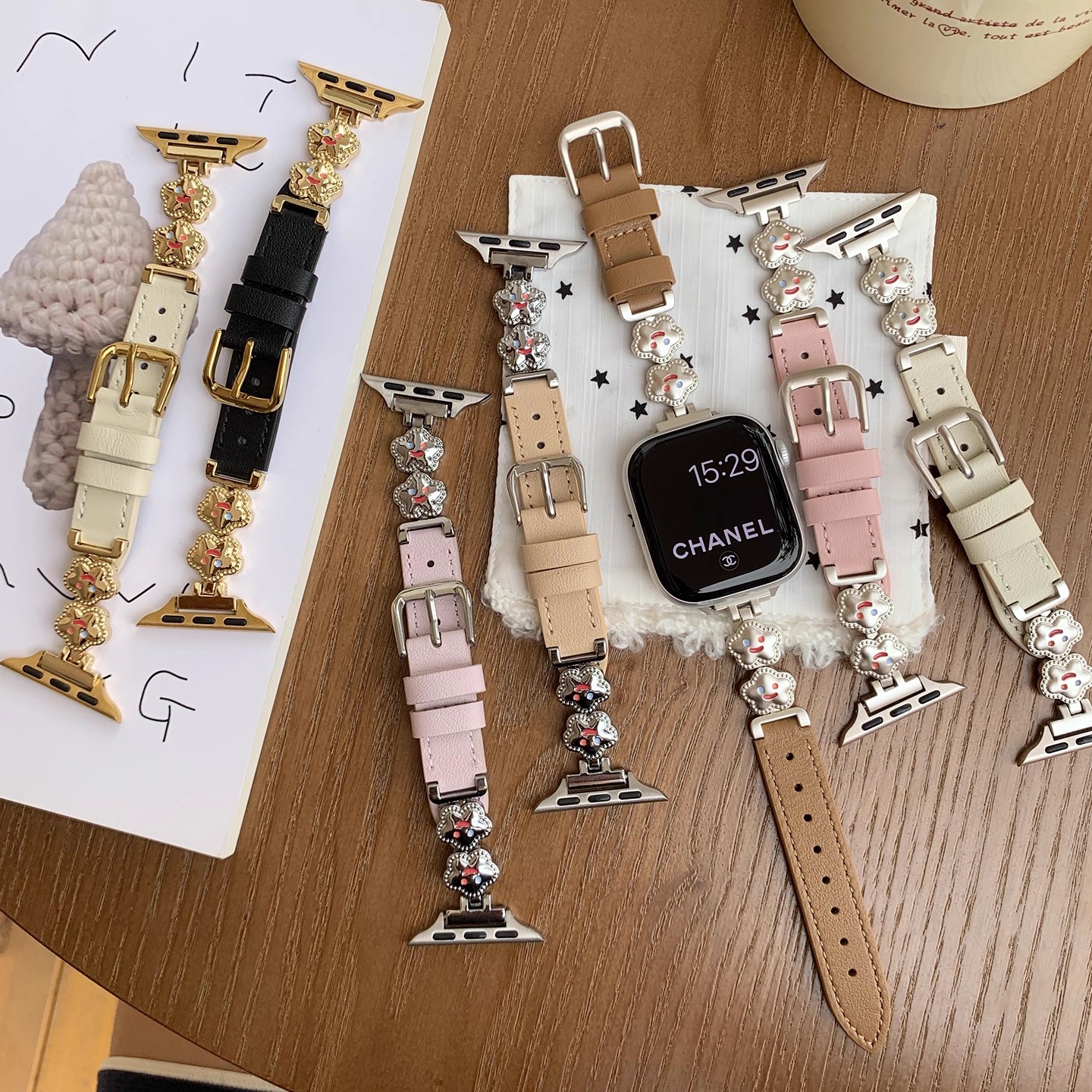 适用iWatch[星星笑脸]真皮可爱笑脸手表s11苹果手表表带
