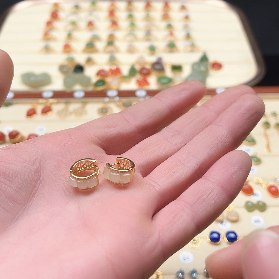 和田玉耳饰银S925镶嵌