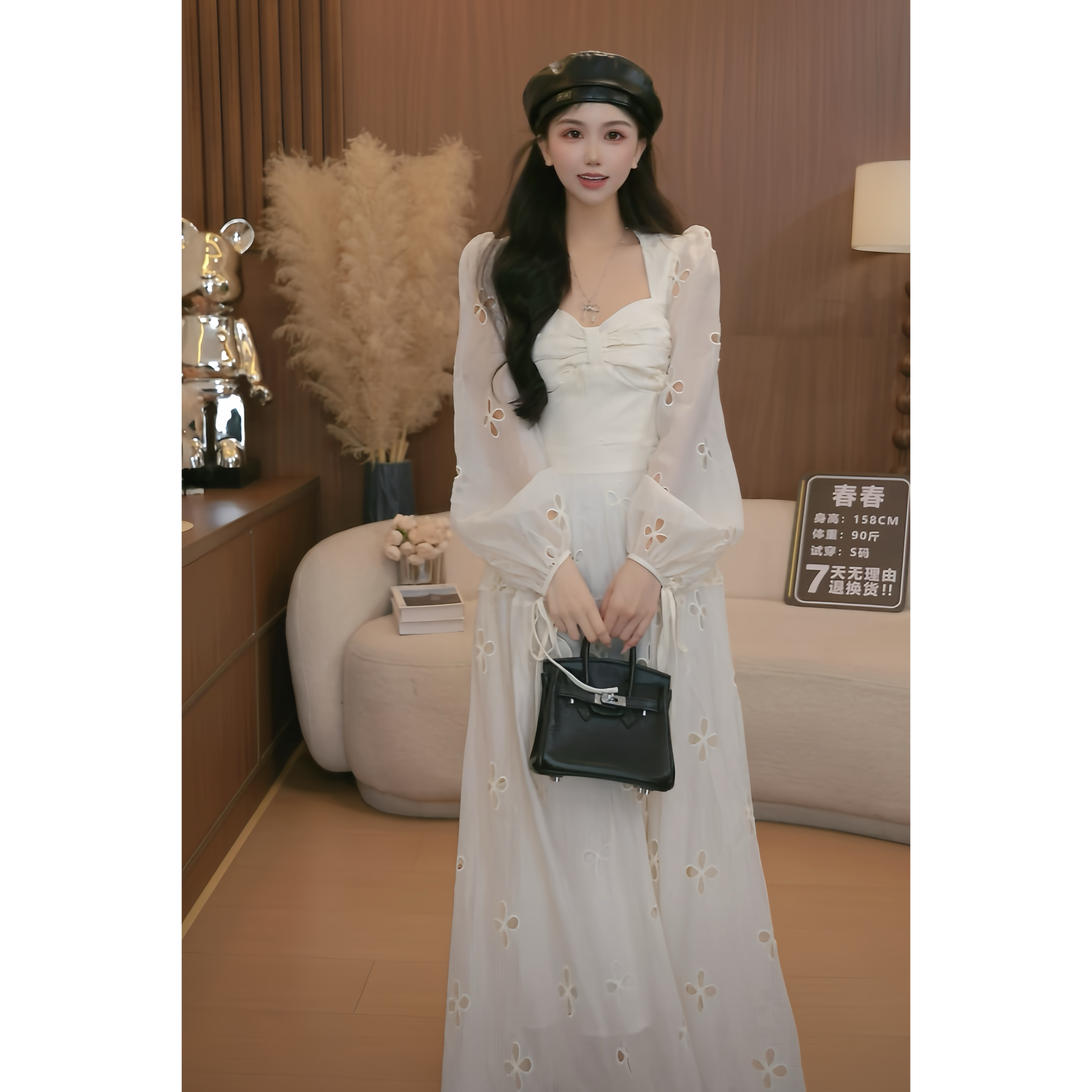 【流光璃梦】气质网纱拼接收腰女神范长款连衣裙