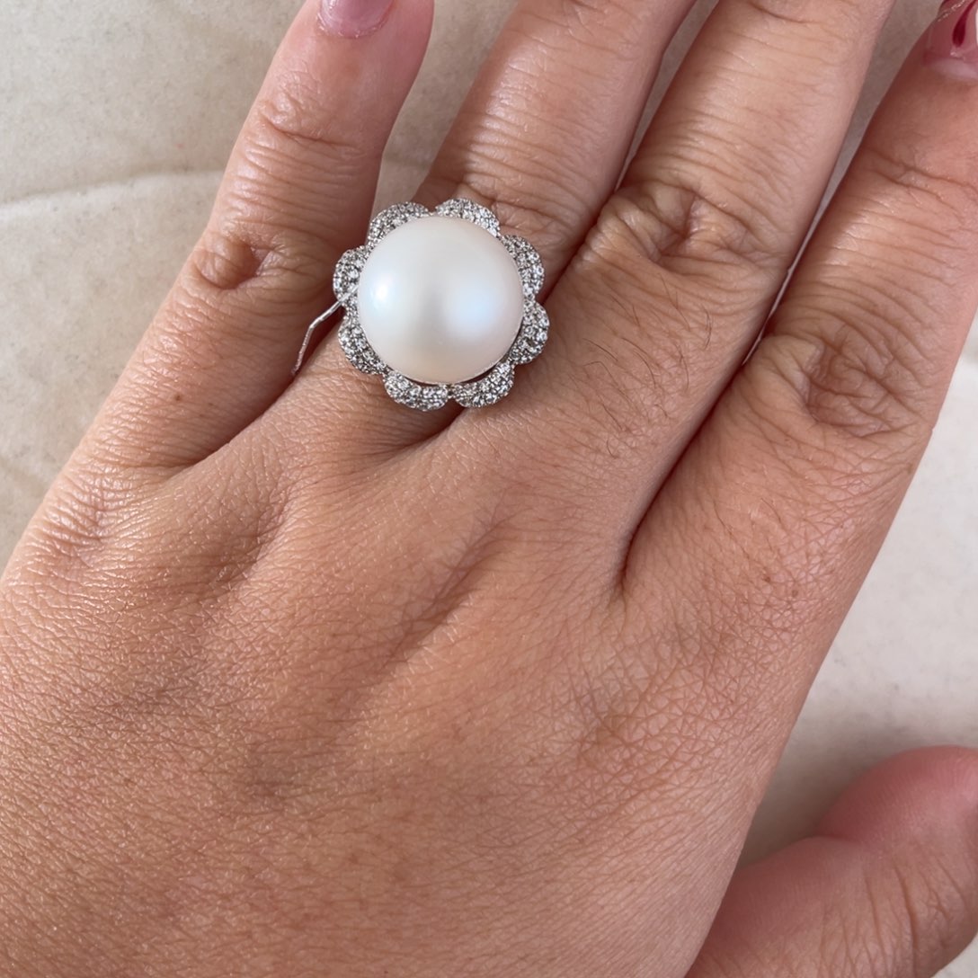 海水珍珠戒指银S925镶嵌14-15mm