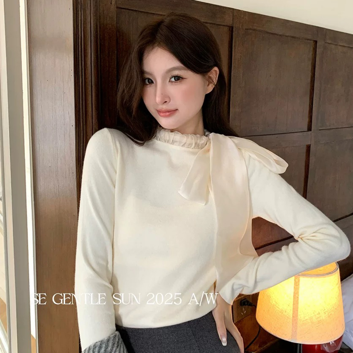 秋季韩版优雅气质纯色系带显瘦针织衫蝴蝶结