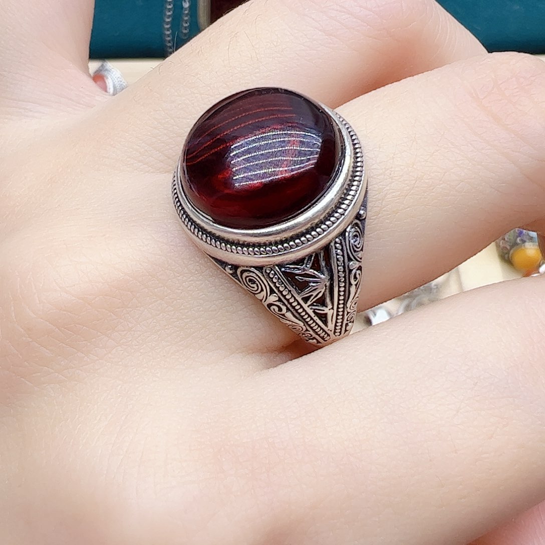 血珀戒指银S925镶嵌天然