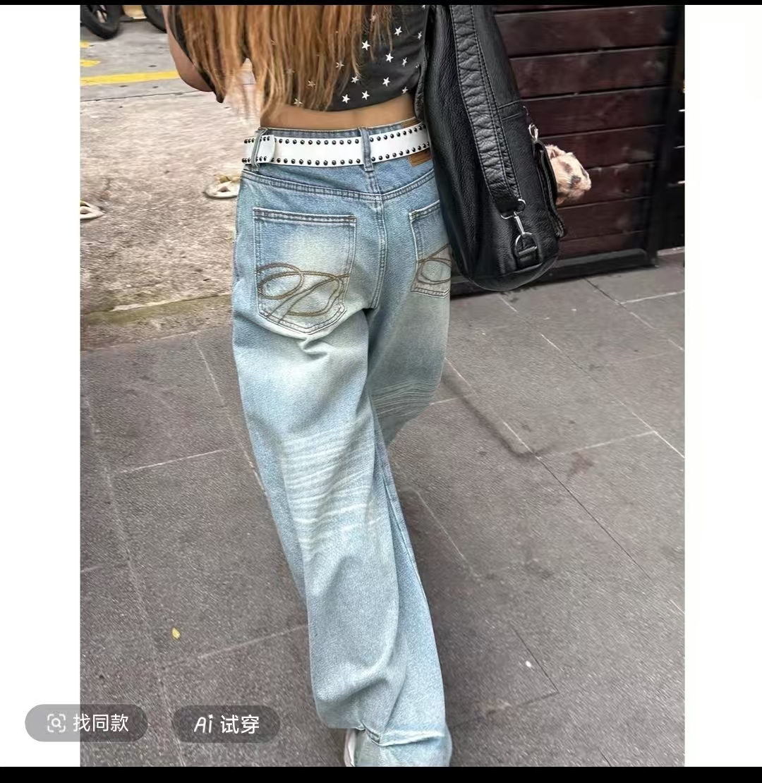 美式复古刺绣高腰秋季弯刀阔腿裤牛仔裤宽松裤子