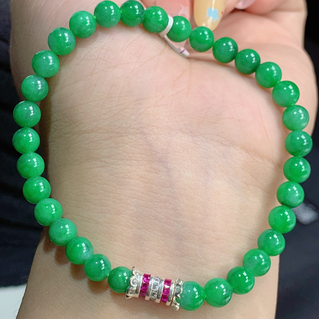 天然缅甸A货翡翠玉石珠宝阳绿色正浓郁满绿圆珠手串j尺寸卡5+mm