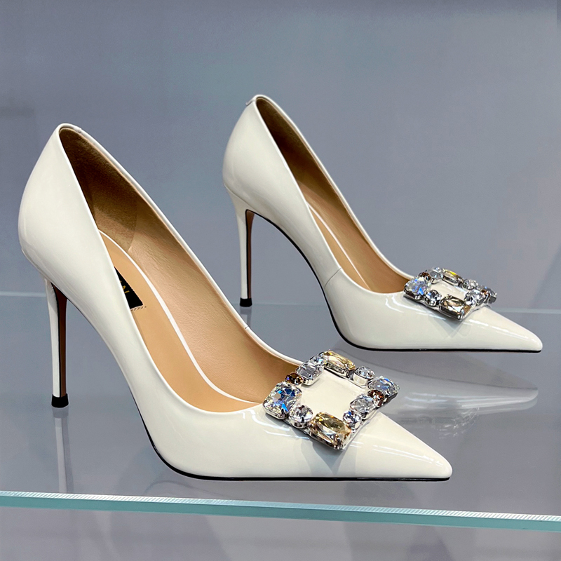 【现货】白色高跟鞋2025春秋新款细跟水钻小众气质百搭女士单鞋7652