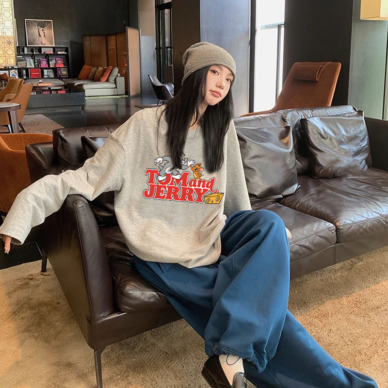 猫和杰瑞鼠小众休闲纯棉长袖T恤女ins设计感圆领百搭情侣装上衣夏