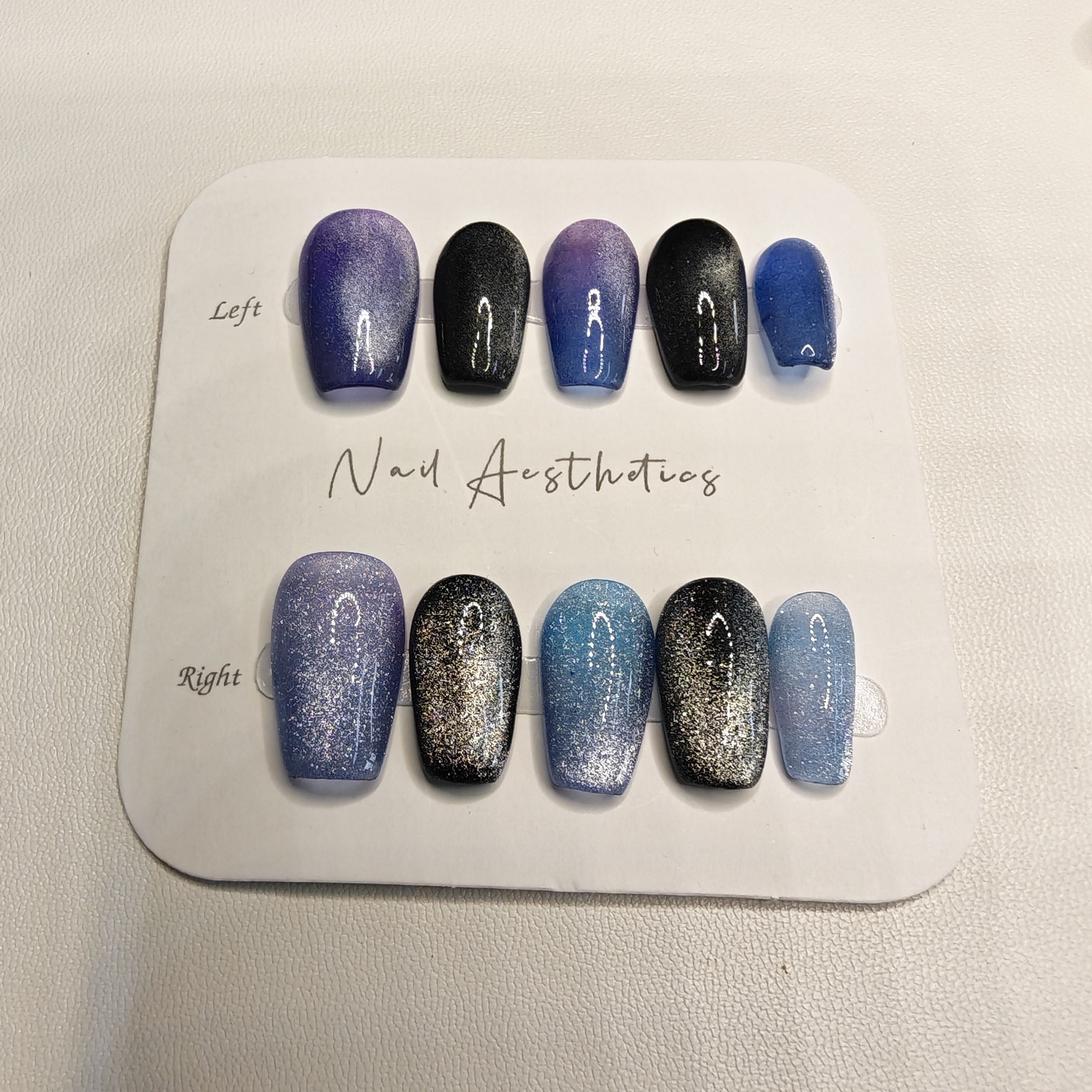 蓝色猫眼爆闪亮片可拆卸短款穿戴甲秋冬显白百搭气质美甲