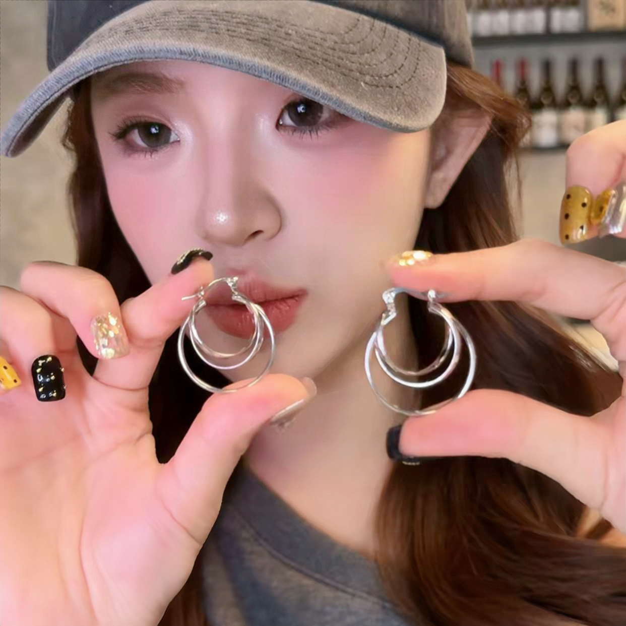 铜合金耳饰 D2073 3cm三层耳圈简约个性显气质高级百搭耳饰