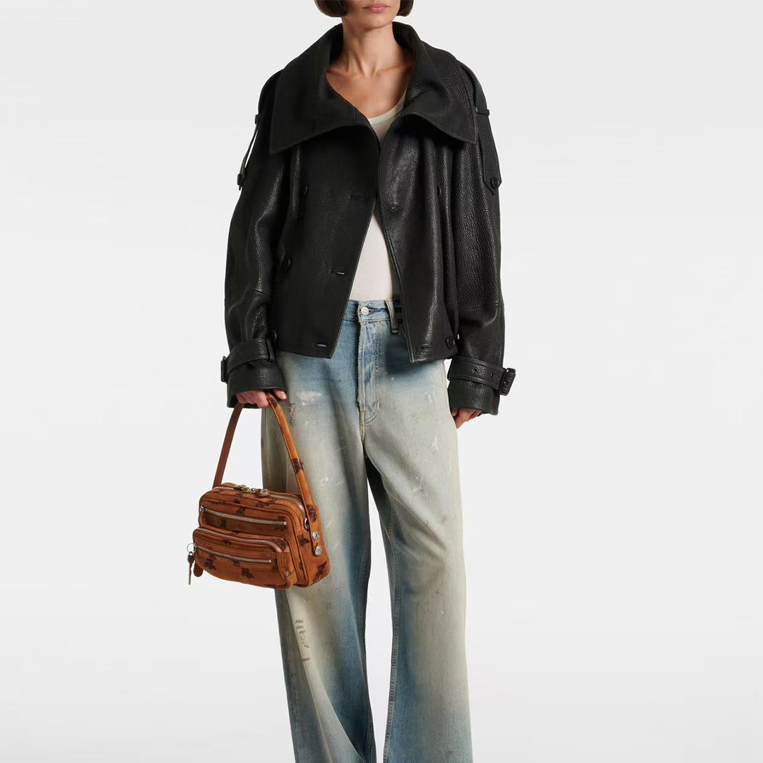 2025AC黑武士真皮皮衣女士大翻领休闲双排扣夹克宽松慵懒百搭外套