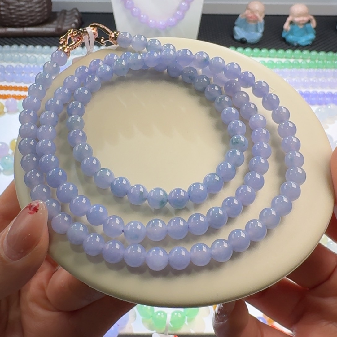 翡翠颈饰未镶嵌浓紫飘花长串6.4mm