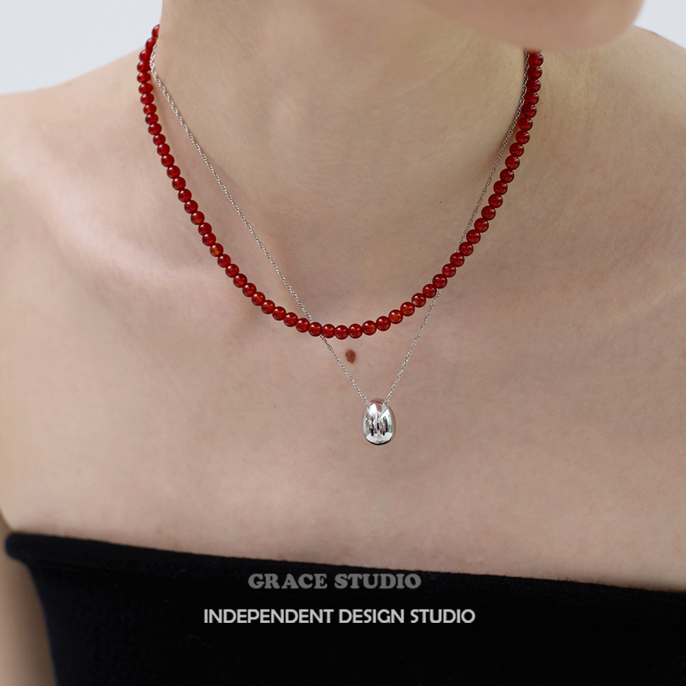 铜合金项链 春夏度假风红色串珠项链复古氛围感叠戴锁骨链女