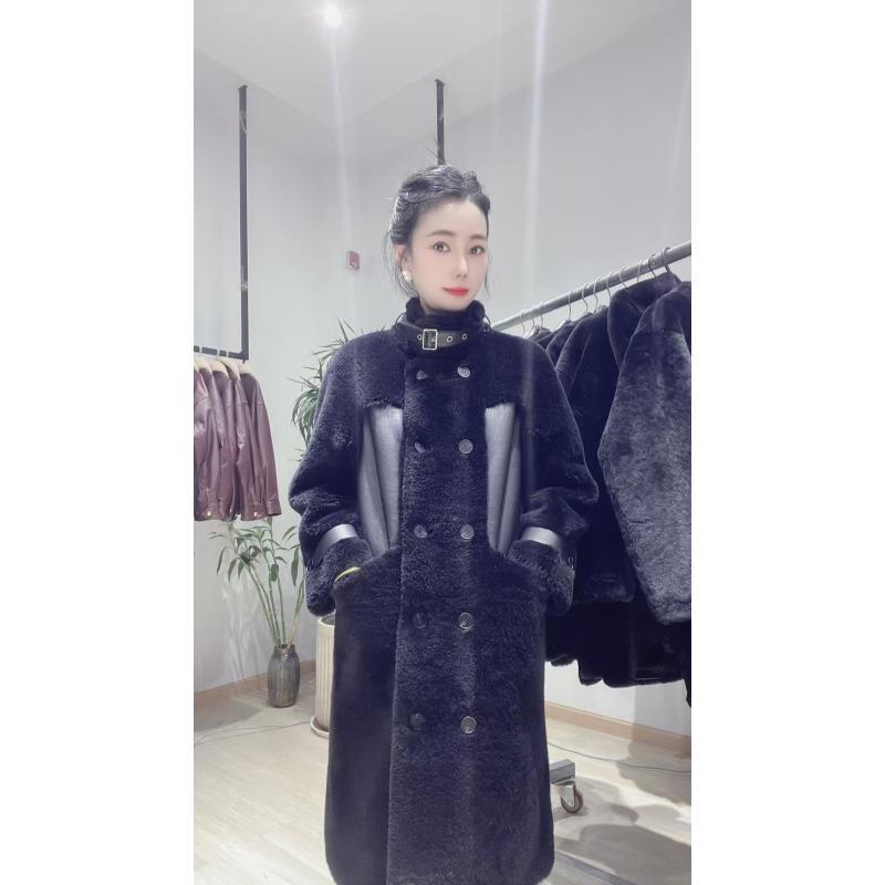 【美尚】福利双排口长款女款气质时尚圆领冬季外套羊皮羊毛11411