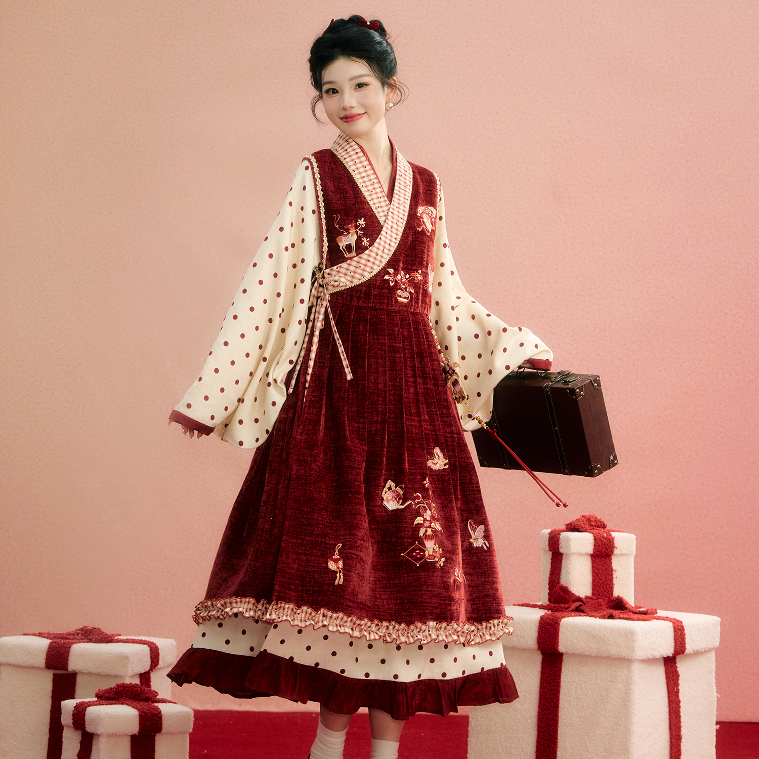 七月夕【簪上花】汉服红色甜美褡护波点长袖贴里连衣裙汉元素套装冬