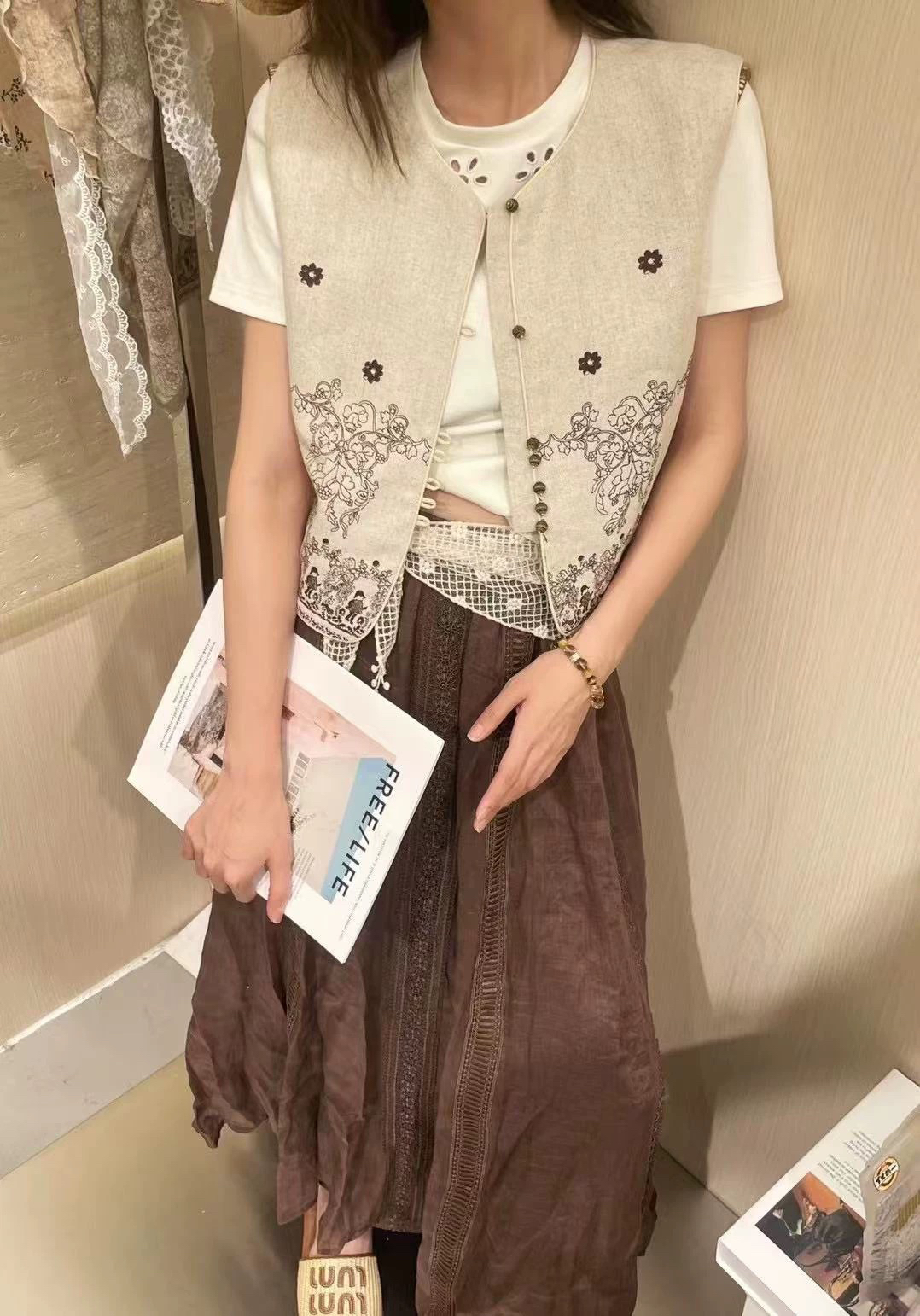 27670深圳南油高货麻料印花拼接马甲裙子套装5ATB572裙长88