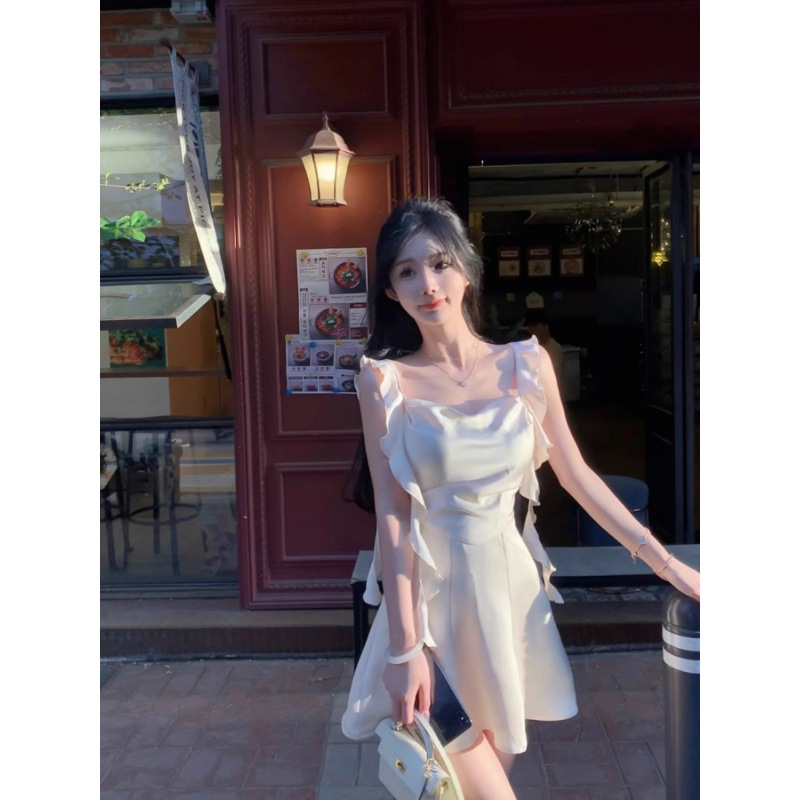 JMSHOP月神缪斯缎面连衣裙女夏露思裙短款设计感吊带裙飘带裙子