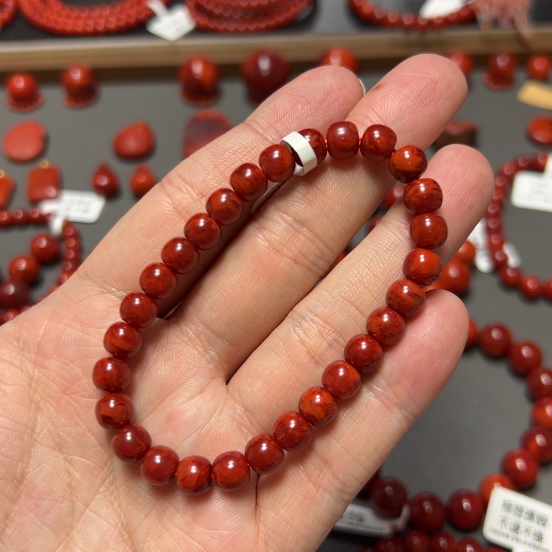 南红玛瑙未镶嵌手串玫瑰锦满妖火焰老型约7.5mm