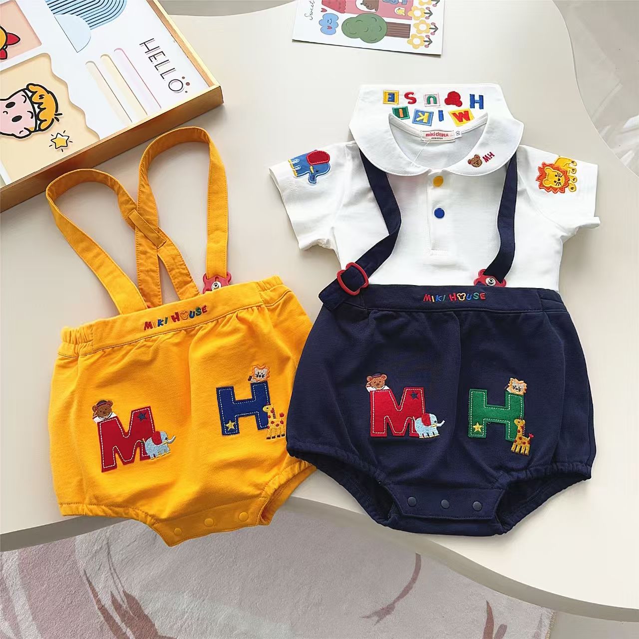 童装宝宝重工刺绣字母包屁背带裤夏季